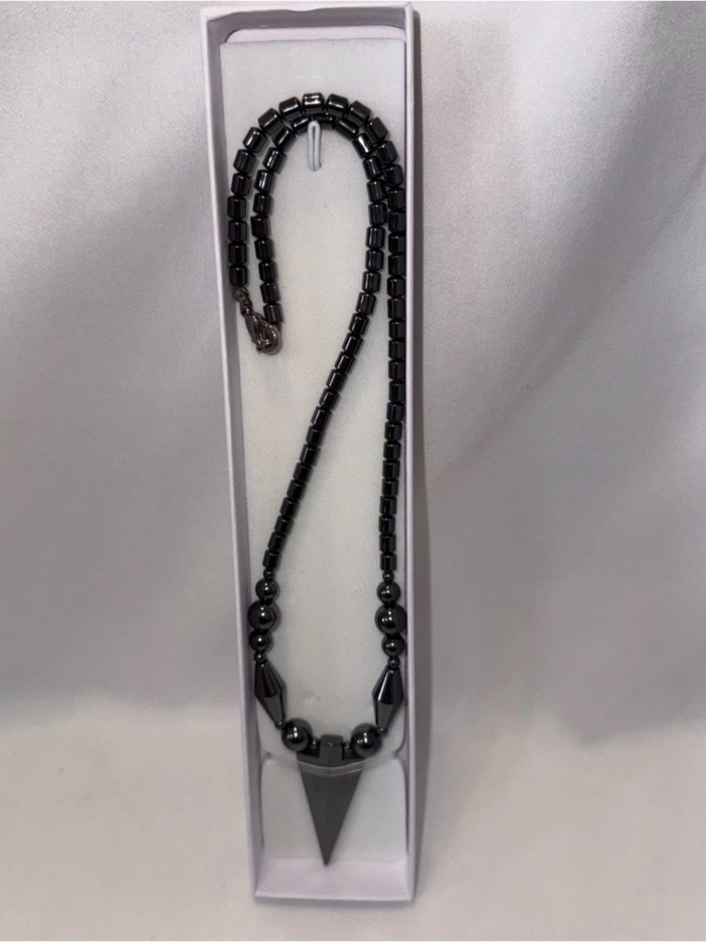NEW Hematite Beaded Necklace with Arrowhead Triangle Pendant – Gunmetal Gray